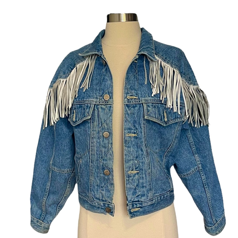 Get Used by Blue Jean Jacket White Fringe Details Size Small Blue in Color
